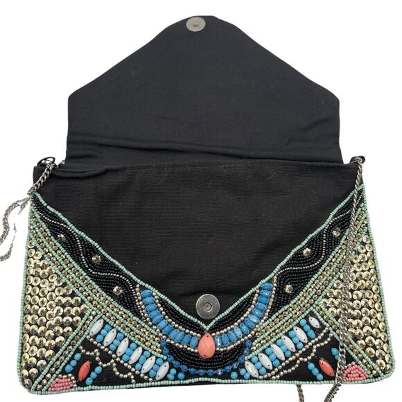 Atmosphere Beaded Boho Clutch Coral Turquoise Festival Bag Geometric Zip Sequins - Picture 4 of 10